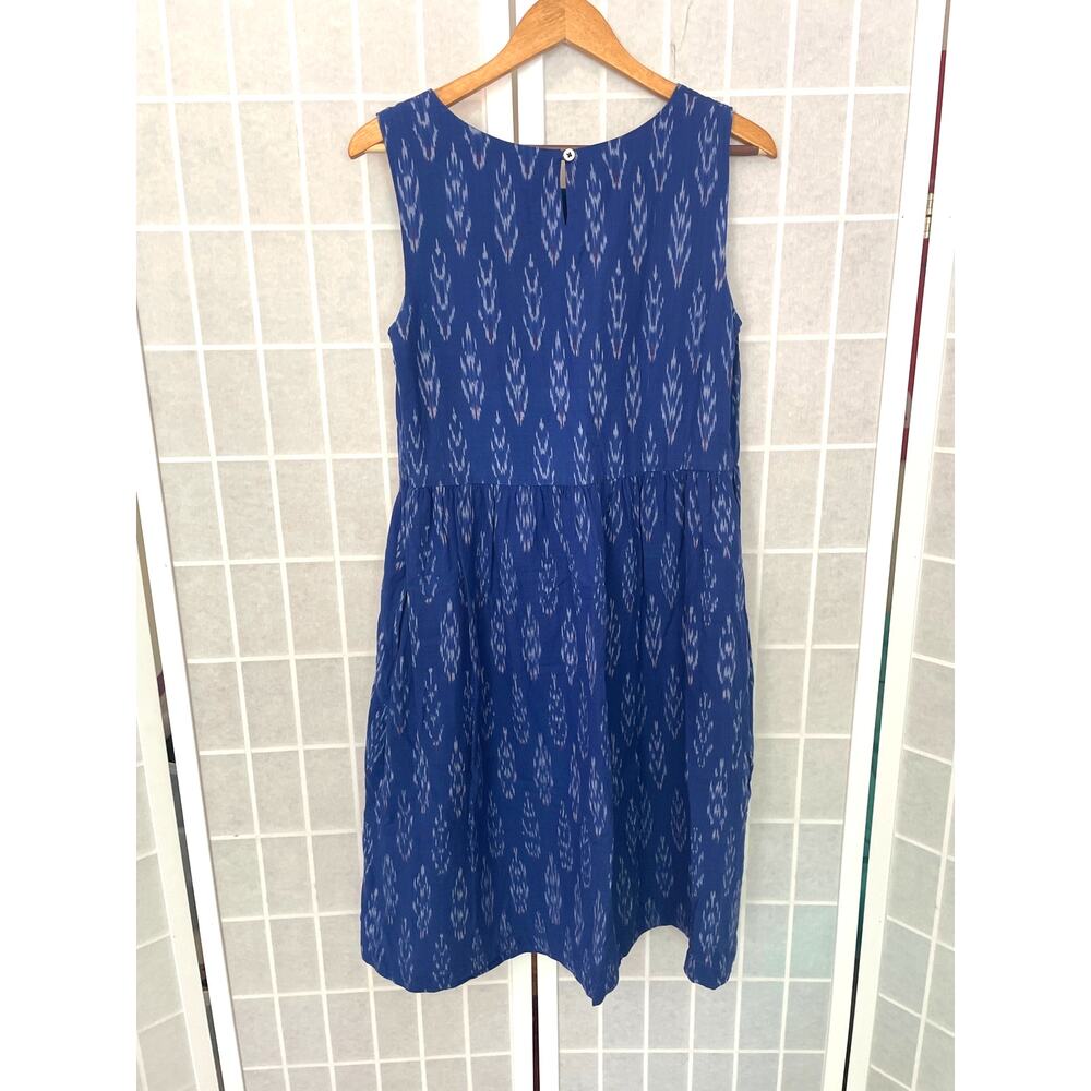 Bibico Elaine Day Dress S Blue Ikat 100% Cotton Sleeveless Pockets Artisan - Picture 2 of 6